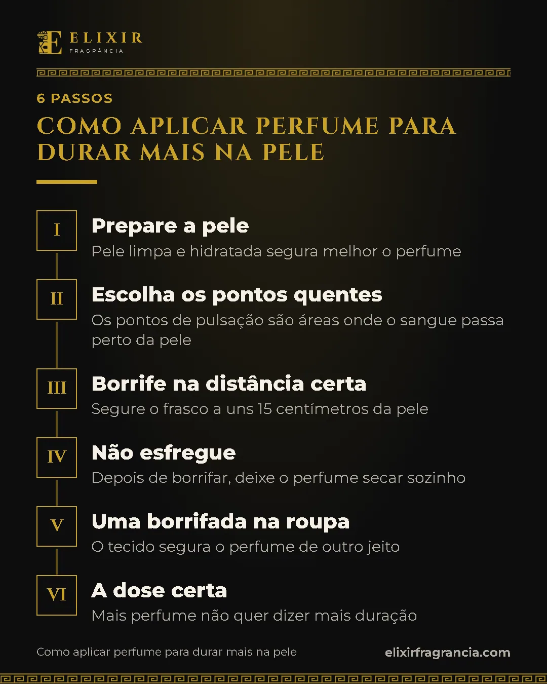 Passo a passo de "Como aplicar perfume para durar mais na pele": 1. Prepare a pele; 2. Escolha os pontos quentes; 3. Borrife na distância certa; 4. Não esfregue; 5. Uma borrifada na roupa; 6. A dose certa.