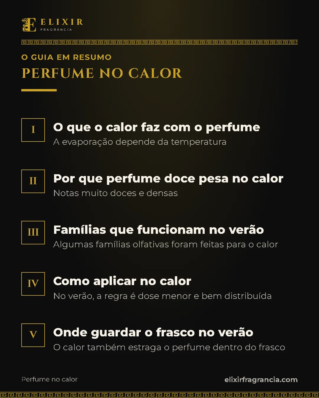 Resumo do guia: 1. O que o calor faz com o perfume; 2. Por que perfume doce pesa no calor; 3. Famílias que funcionam no verão; 4. Como aplicar no calor; 5. Onde guardar o frasco no verão.