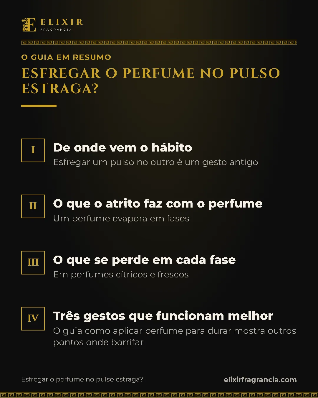 Resumo do guia: 1. De onde vem o hábito; 2. O que o atrito faz com o perfume; 3. O que se perde em cada fase; 4. Três gestos que funcionam melhor.